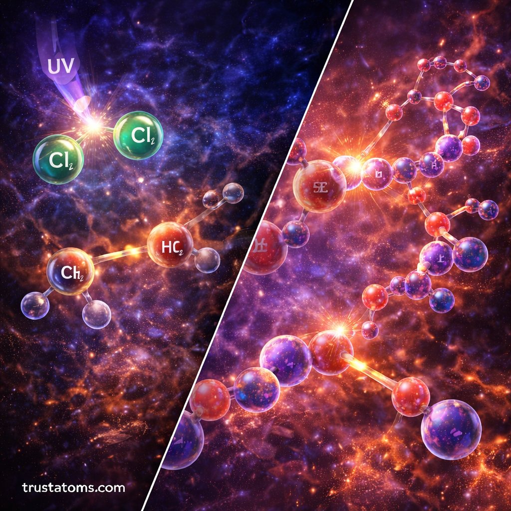 Split illustration showing radical initiation with UV light and radical polymerization chain growth.