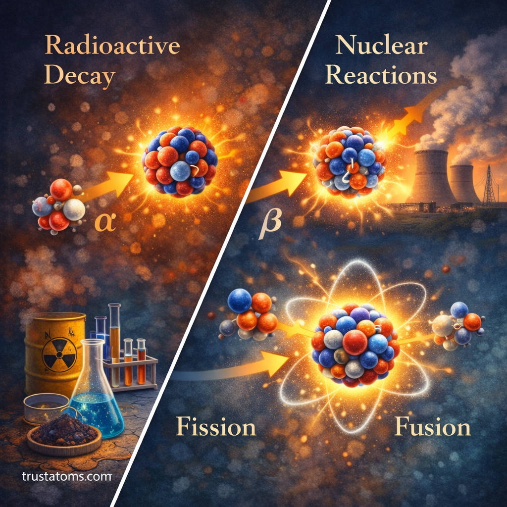 Split illustration showing radioactive decay on one side and nuclear reactions like fission and fusion on the other in a nuclear chemistry concept diagram.
