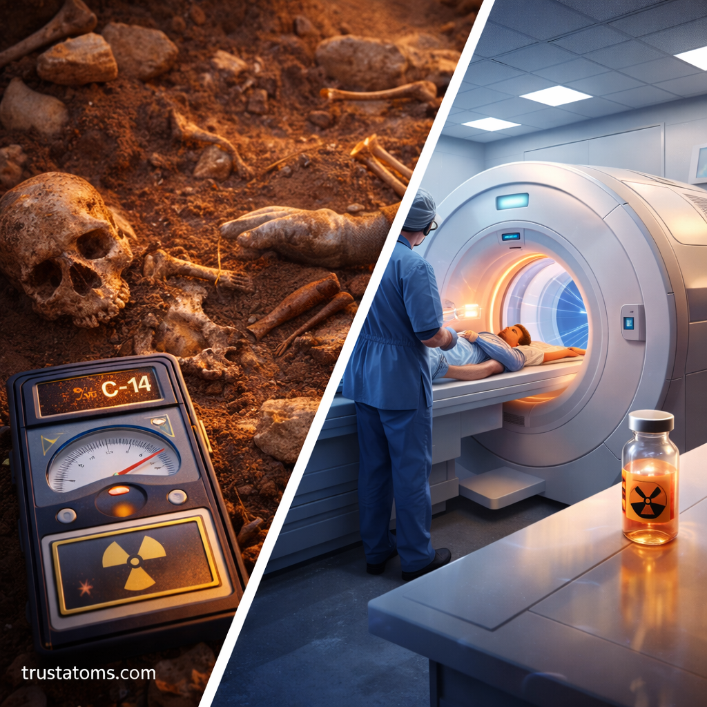 Diagonal split illustration showing radiocarbon dating of ancient remains on one side and nuclear medical imaging using a radioactive tracer on the other.