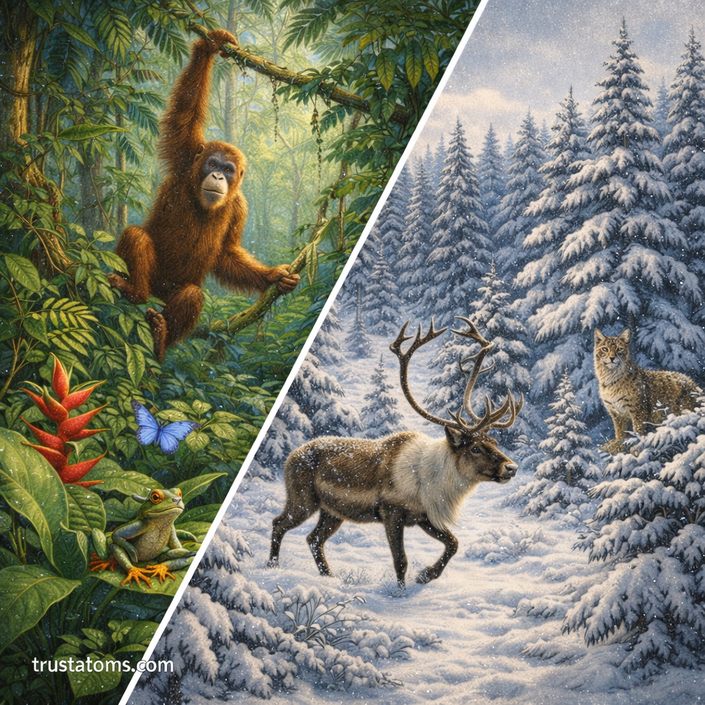 Split illustration comparing a tropical rainforest biome with an orangutan and frog and a snowy taiga biome with a reindeer and lynx.