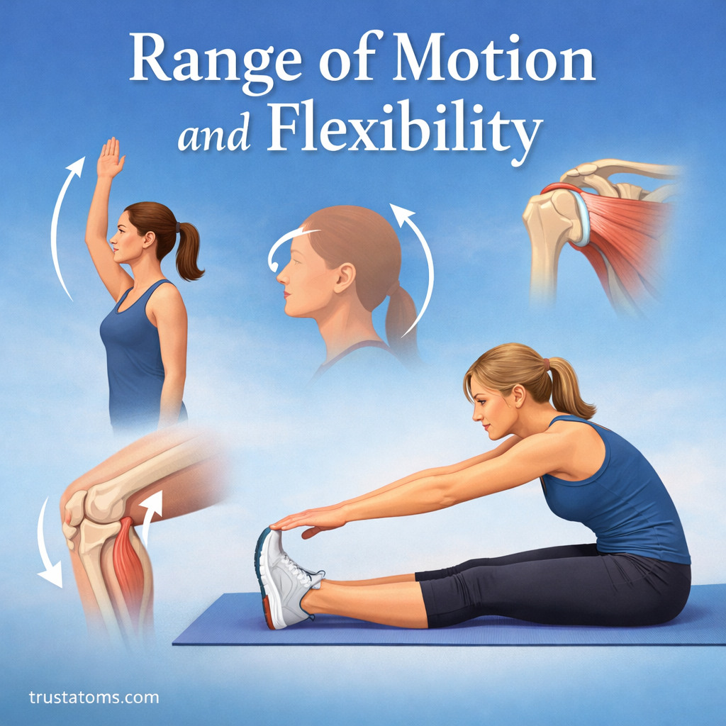 Illustration showing a woman performing stretching exercises with joint movement diagrams representing range of motion and flexibility.