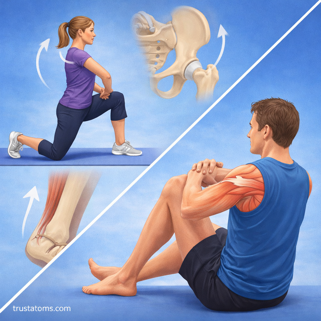 Split illustration showing lunge stretch, seated shoulder stretch, and joint movement diagrams demonstrating range of motion and flexibility.