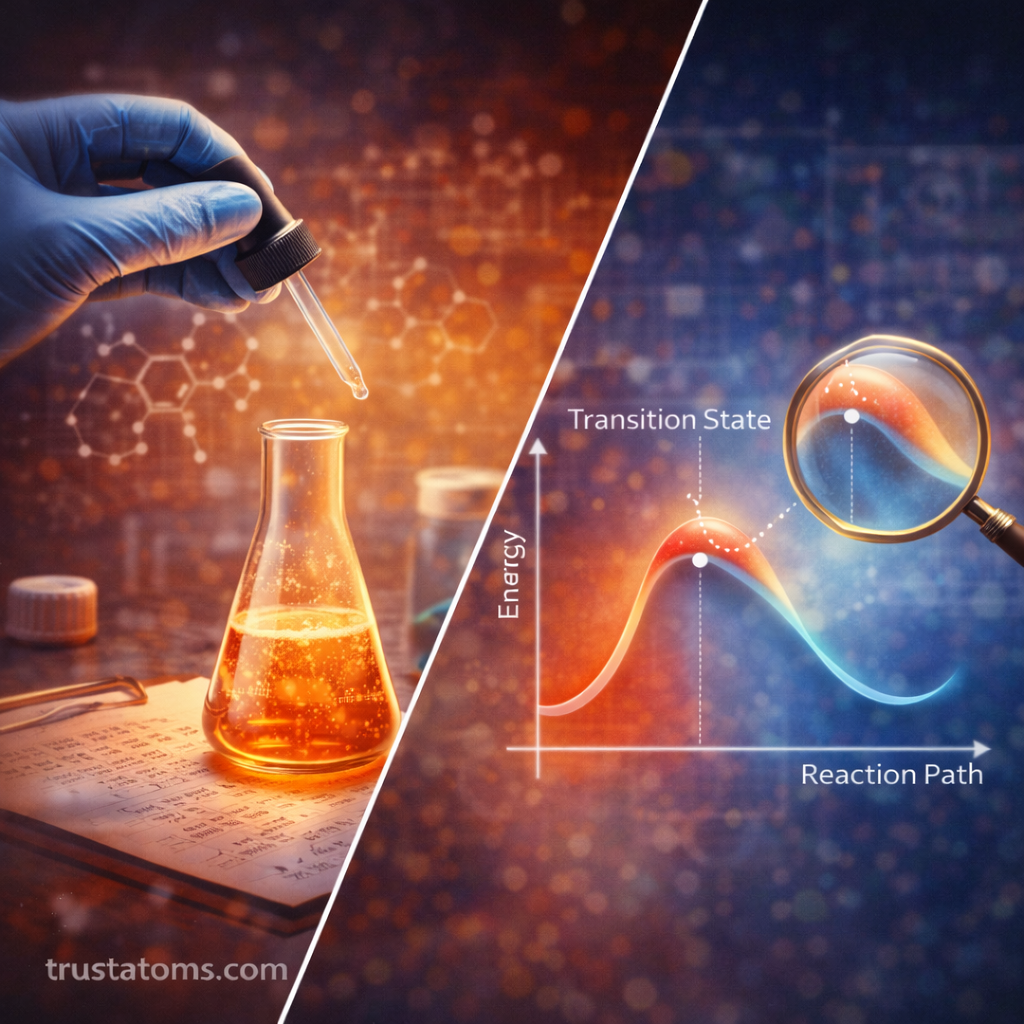 Split illustration showing a laboratory reaction experiment and a reaction energy pathway diagram with a transition state peak.