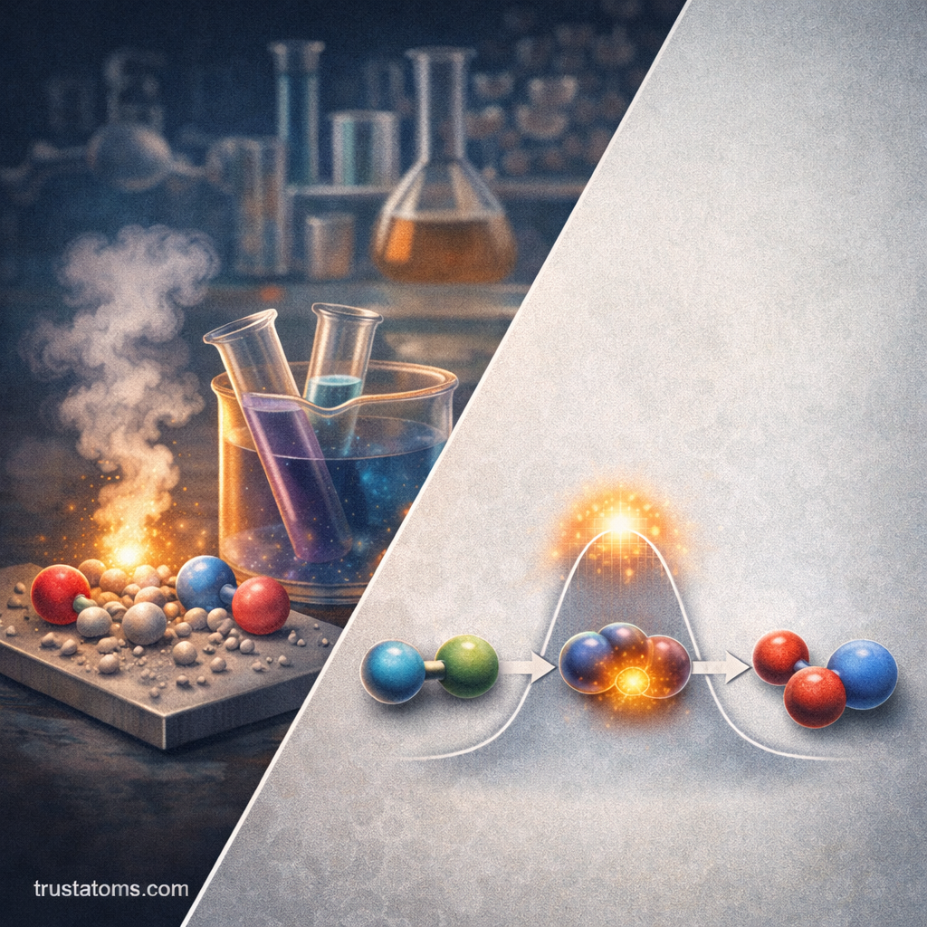 Split illustration showing a laboratory reaction on one side and a simplified molecular reaction pathway on the other to represent chemical kinetics and reaction mechanisms.
