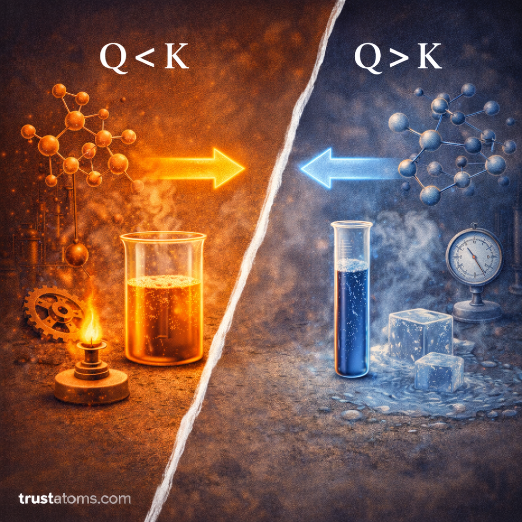 Split illustration comparing reaction quotient conditions where Q is less than K and Q is greater than K in a dynamic chemical system.