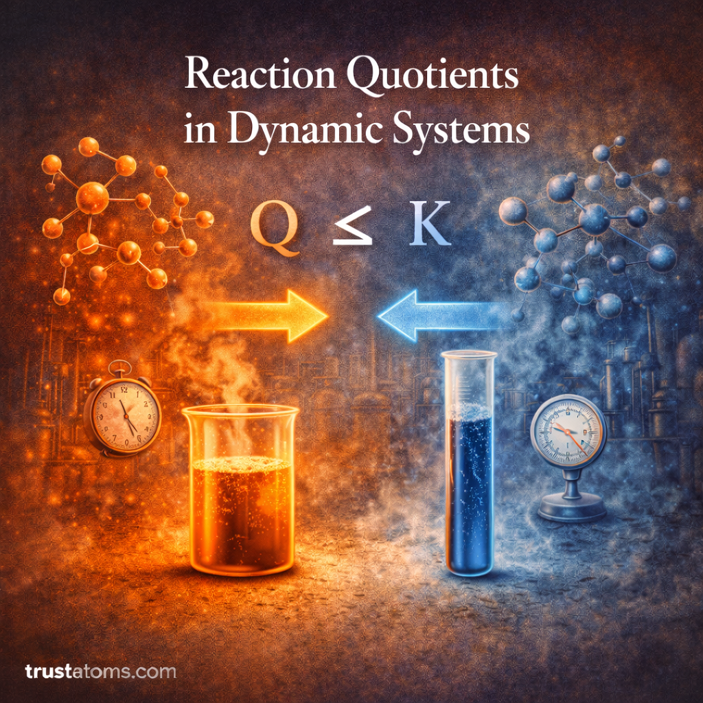 Illustration representing reaction quotients in dynamic chemical systems with reversible arrows, laboratory glassware, and changing reactant and product concentrations.