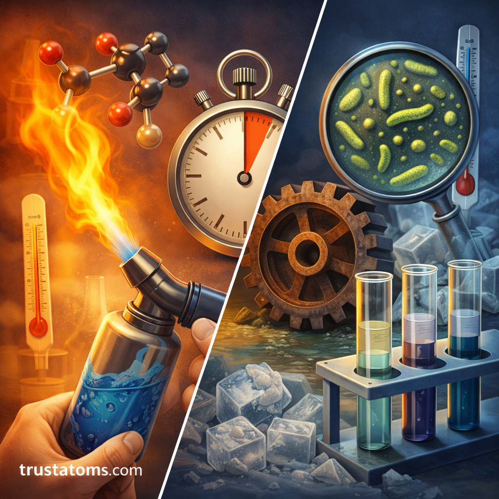 Split illustration showing fast and slow chemical reactions, with a flame representing a rapid reaction and rust and cooling liquids representing slower chemical processes.