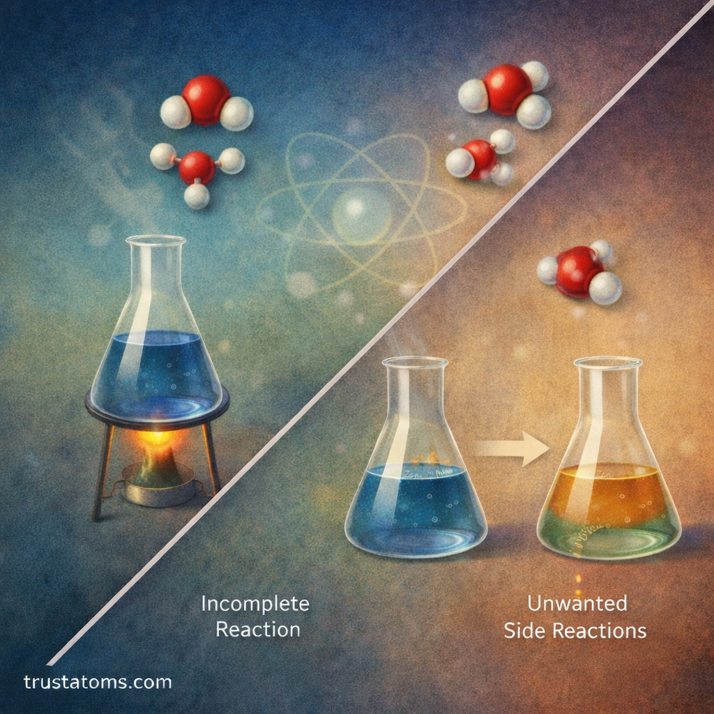 Educational split chemistry illustration showing factors that reduce reaction yield, including incomplete reactions and unwanted side reactions in laboratory flasks.