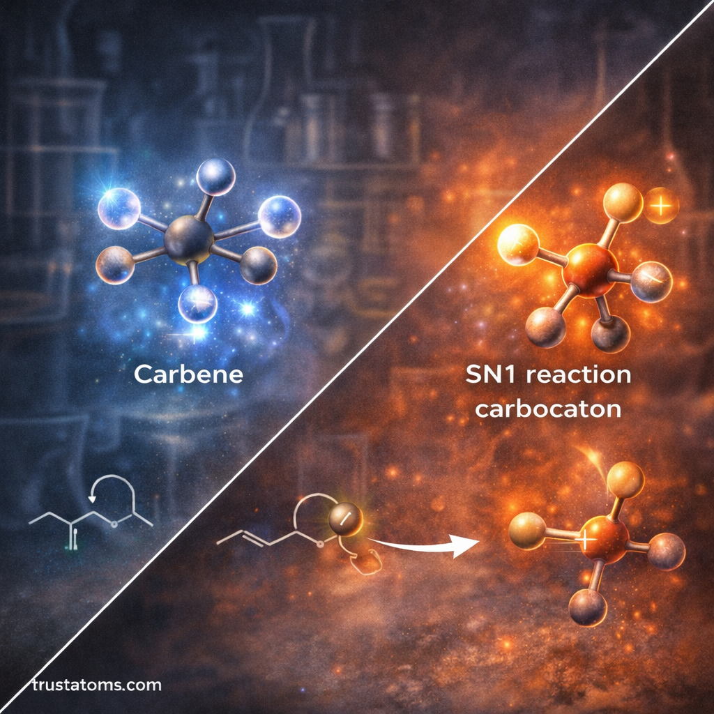 Split illustration showing reactive intermediates in organic chemistry including a carbene species and a carbocation formed during an SN1 reaction.