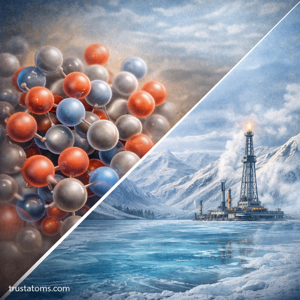 Split illustration showing tightly packed gas molecules on one side and a cold industrial environment on the other, representing intermolecular forces and temperature effects on real gas behavior.