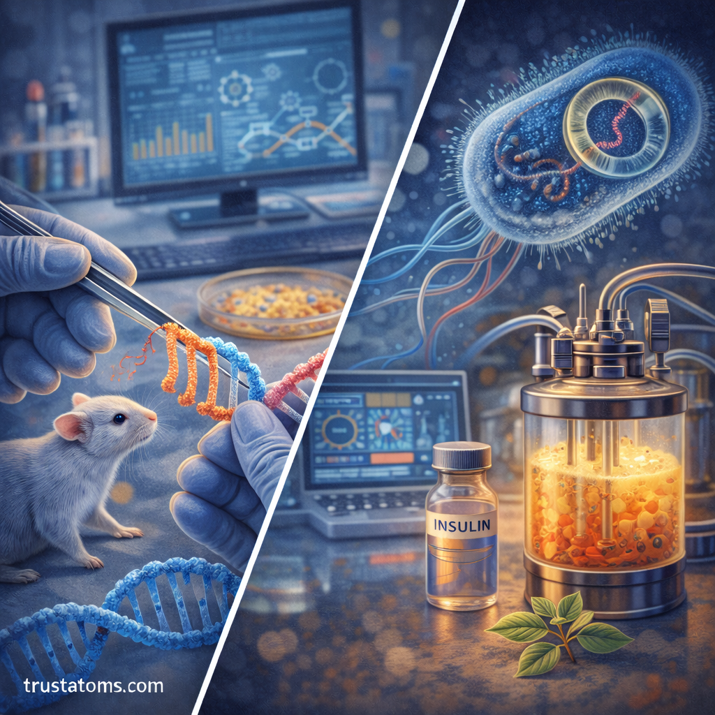 Split illustration showing recombinant DNA research with gene manipulation in laboratory mice and insulin production using bacteria in a bioreactor.