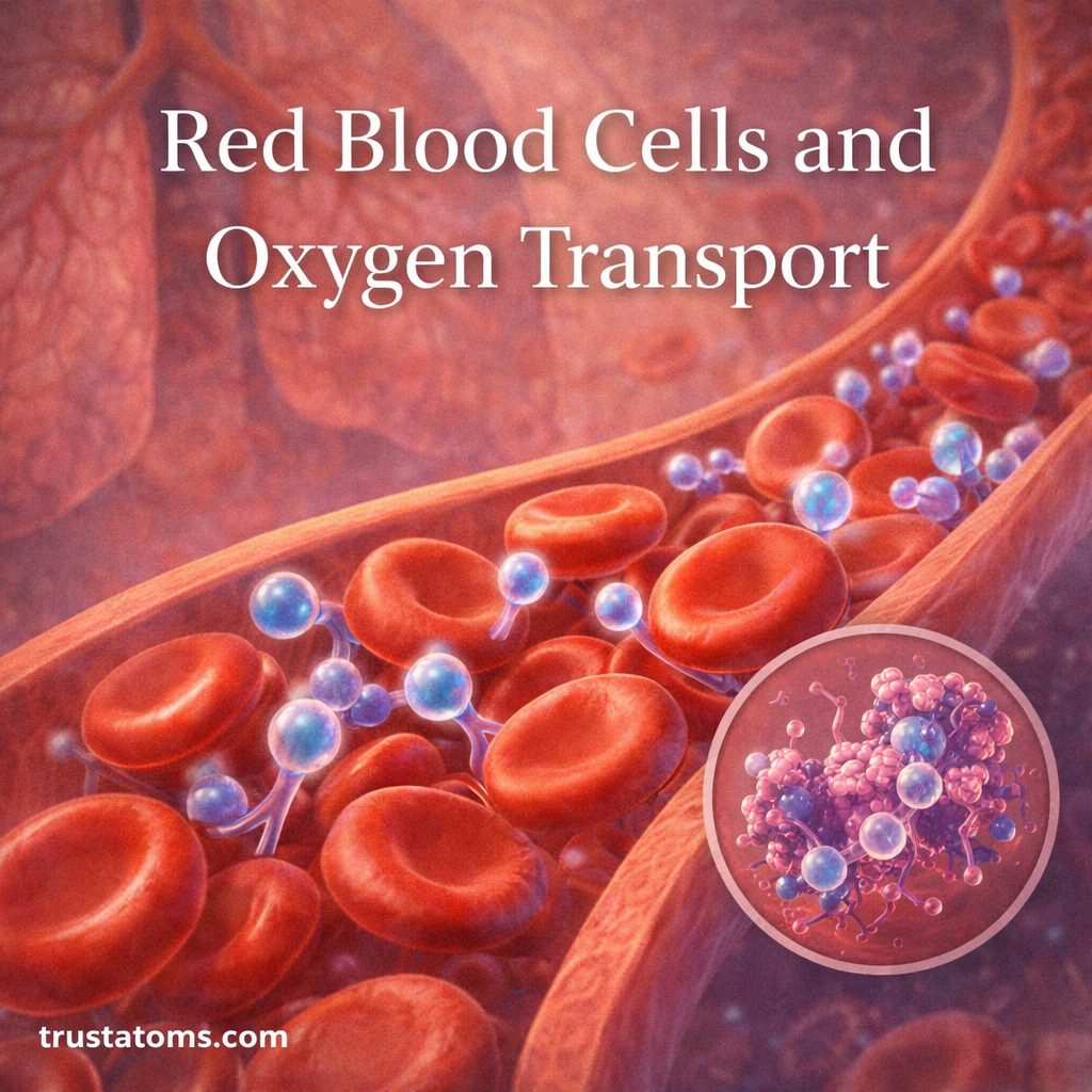 Illustration of red blood cells carrying oxygen through a blood vessel with oxygen molecules attached.