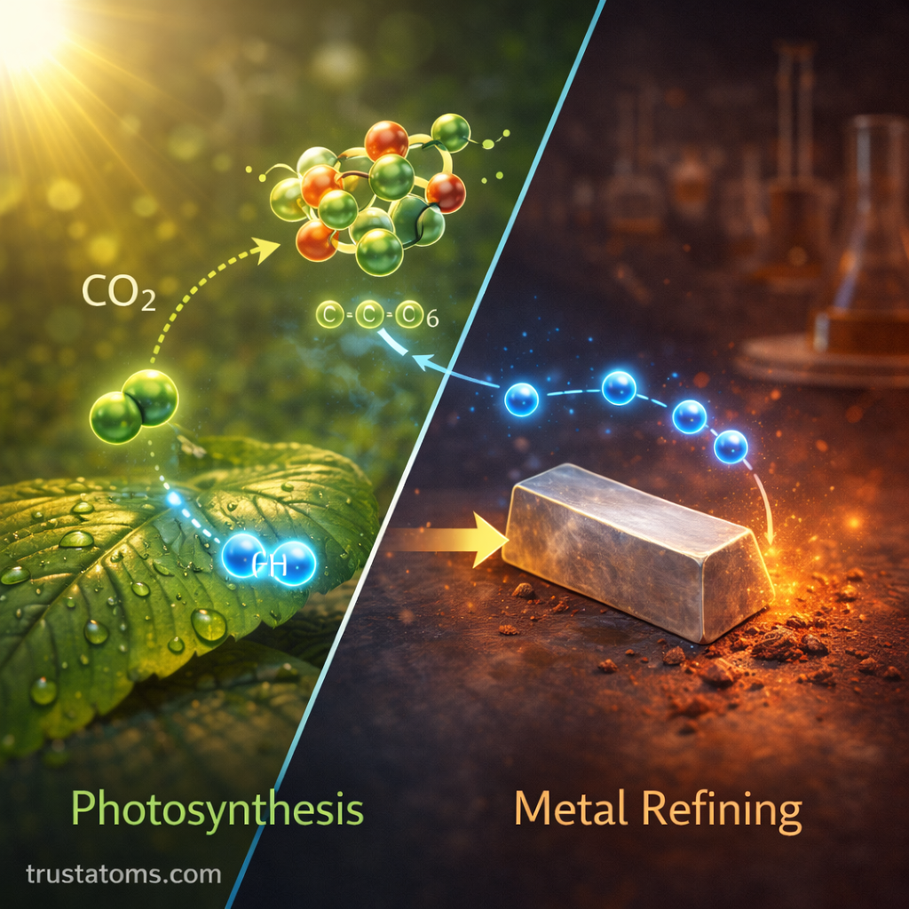 Diagonal split illustration showing reduction in photosynthesis on one side and metal refining through electron gain on the other.