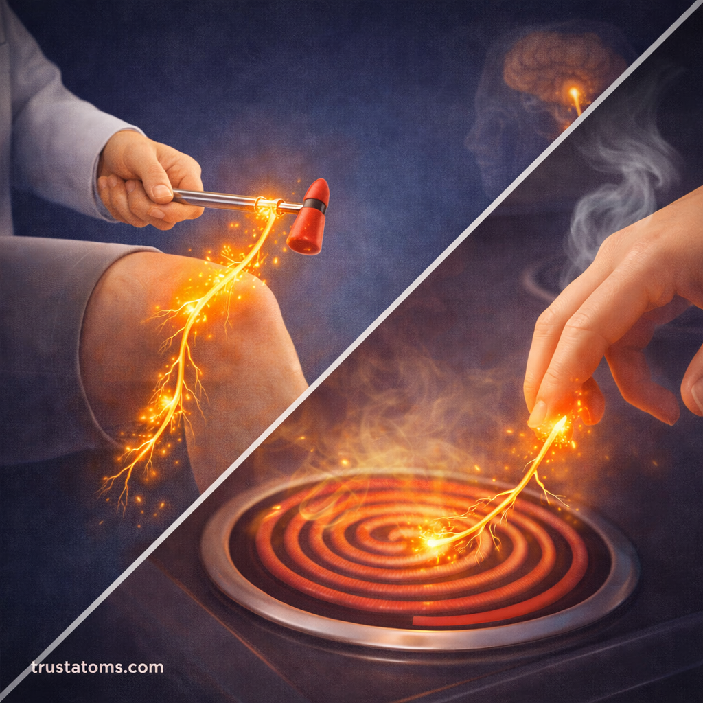 Split illustration showing two reflex arc examples: a knee-jerk reflex triggered by a reflex hammer and a hand quickly withdrawing from a hot stove.