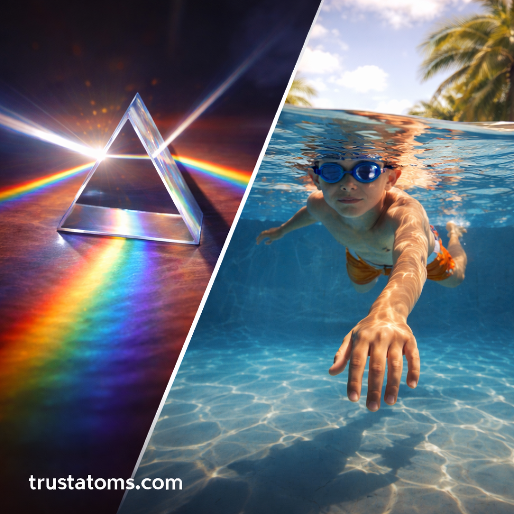Split illustration showing light passing through a prism creating a rainbow spectrum and a swimmer’s hand appearing distorted underwater due to refraction.