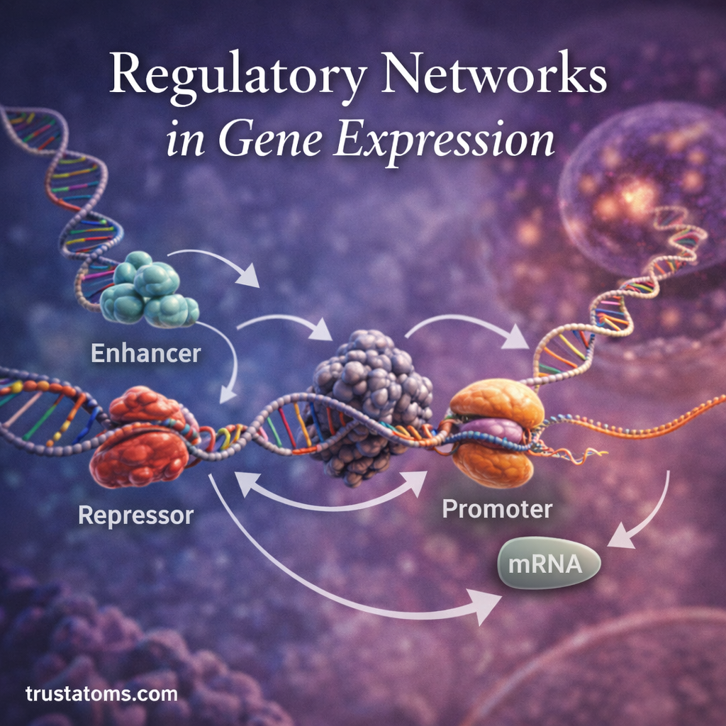 Illustration of regulatory networks in gene expression showing transcription factors, enhancers, repressors, and RNA polymerase interacting with DNA to produce messenger RNA.