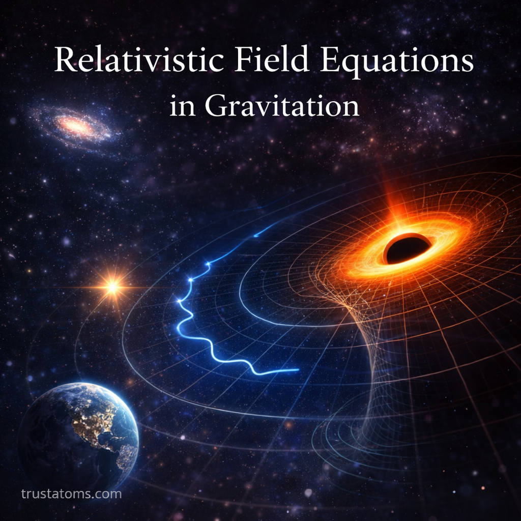 Illustration of curved spacetime around a black hole with light bending and gravitational waves, representing relativistic field equations in gravitation, with trustatoms.com watermark.