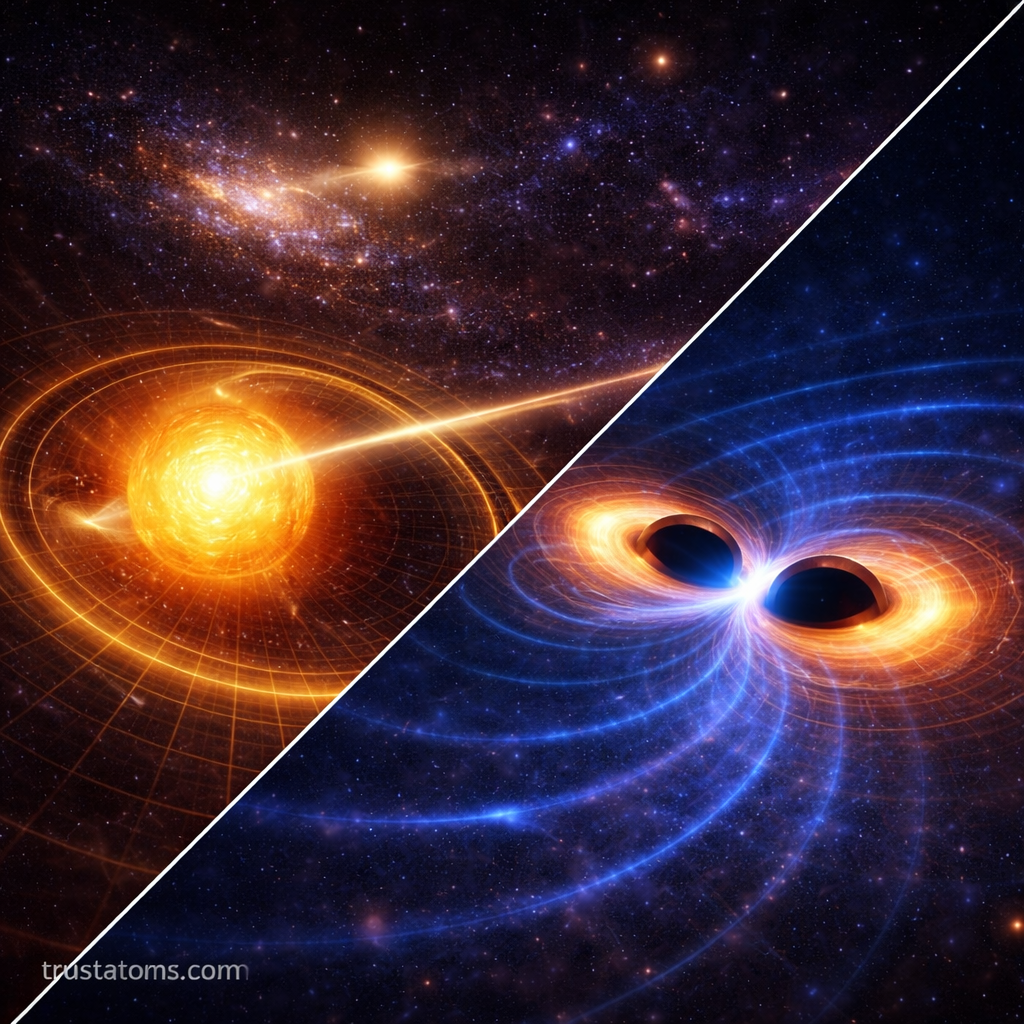 Diagonal split illustration showing gravitational lensing around a massive star on one side and merging black holes producing spacetime ripples on the other, representing relativistic gravitation, with trustatoms.com watermark.