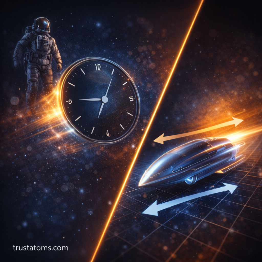 Split illustration showing time dilation with a clock and astronaut on one side and length contraction of a fast-moving spacecraft on the other.