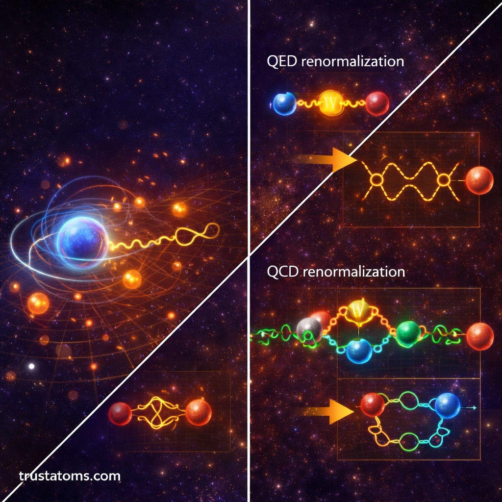 Diagonal split illustration showing quantum fluctuations around a particle on one side and simplified interaction diagrams representing QED and QCD renormalization on the other, with trustatoms.com watermark.
