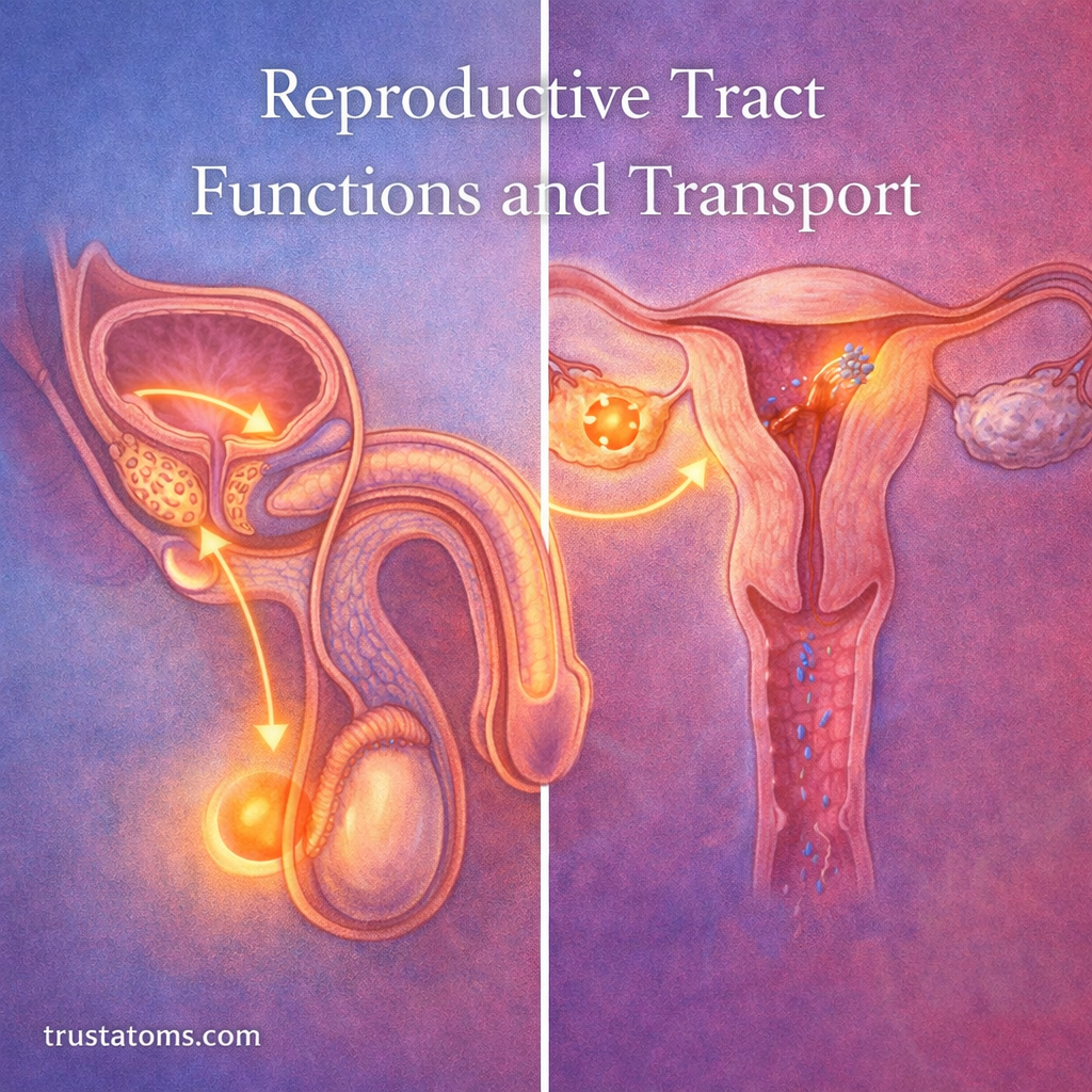 Illustration showing male and female reproductive tracts with sperm and egg transport pathways and key anatomical structures.