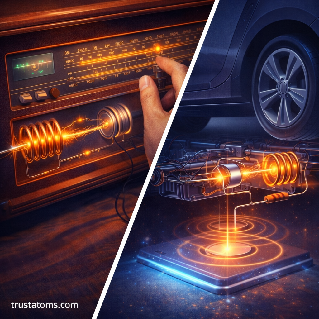 Diagonal split illustration showing a radio tuning circuit on one side and a wireless power transfer system charging an electric vehicle on the other.