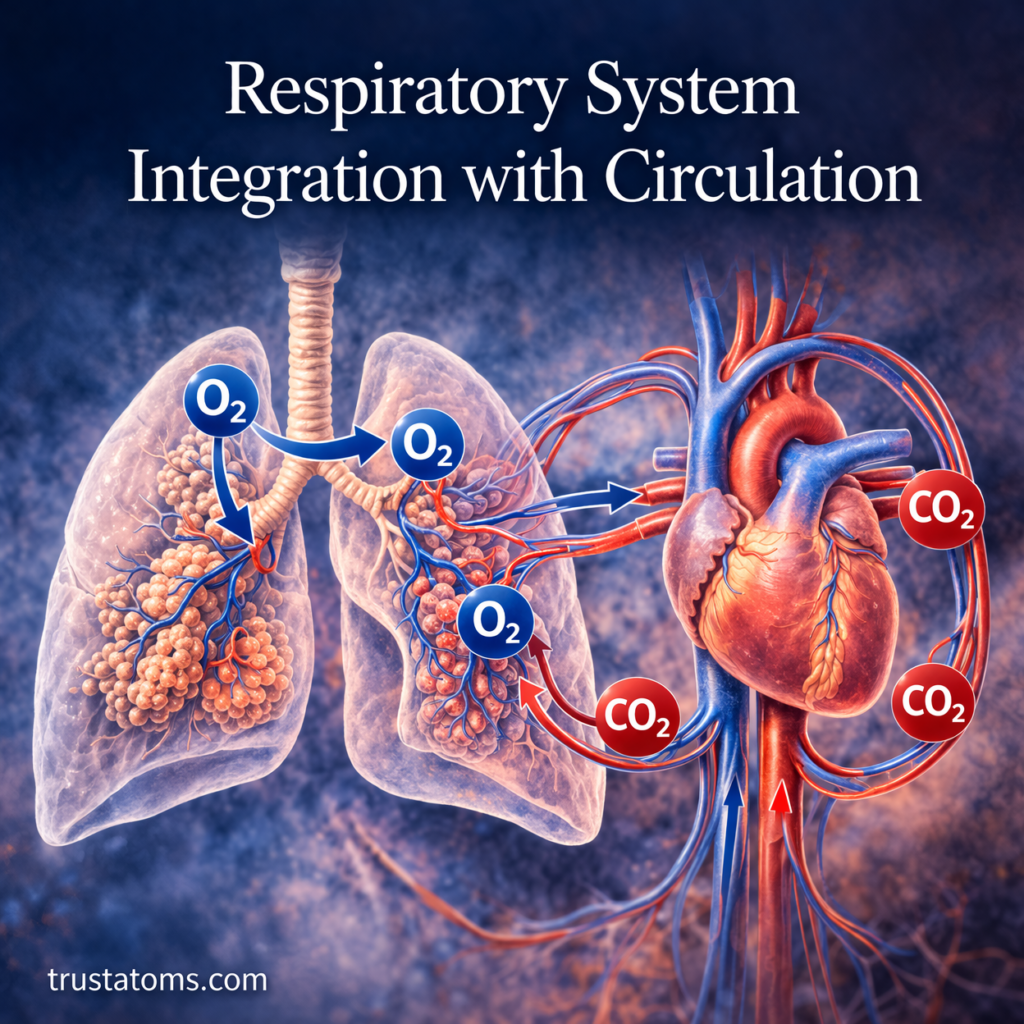 Illustration showing how oxygen and carbon dioxide move between the lungs and heart in the respiratory and circulatory systems.