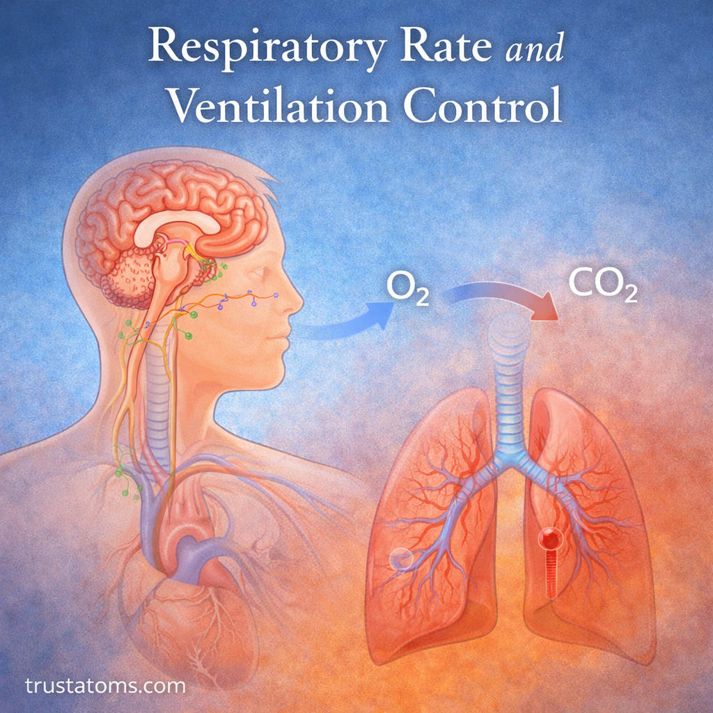 Illustration showing brain control of breathing with lungs exchanging oxygen and carbon dioxide.