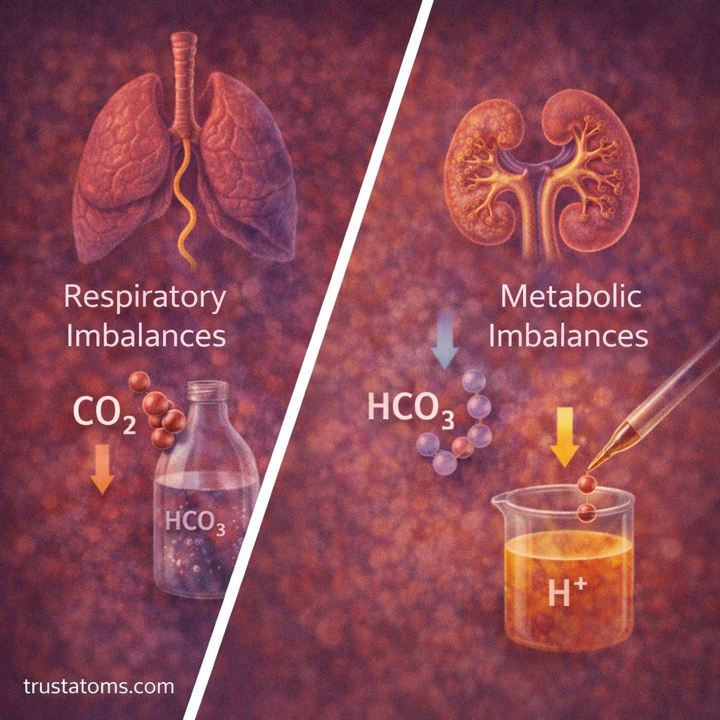 Split illustration showing respiratory imbalance in the lungs affecting carbon dioxide levels and metabolic imbalance in the kidneys affecting hydrogen ions and bicarbonate.