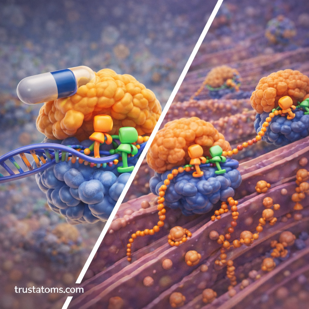 Split scientific diagram showing an antibiotic interacting with a ribosome on one side and ribosomes producing proteins along the rough endoplasmic reticulum on the other.