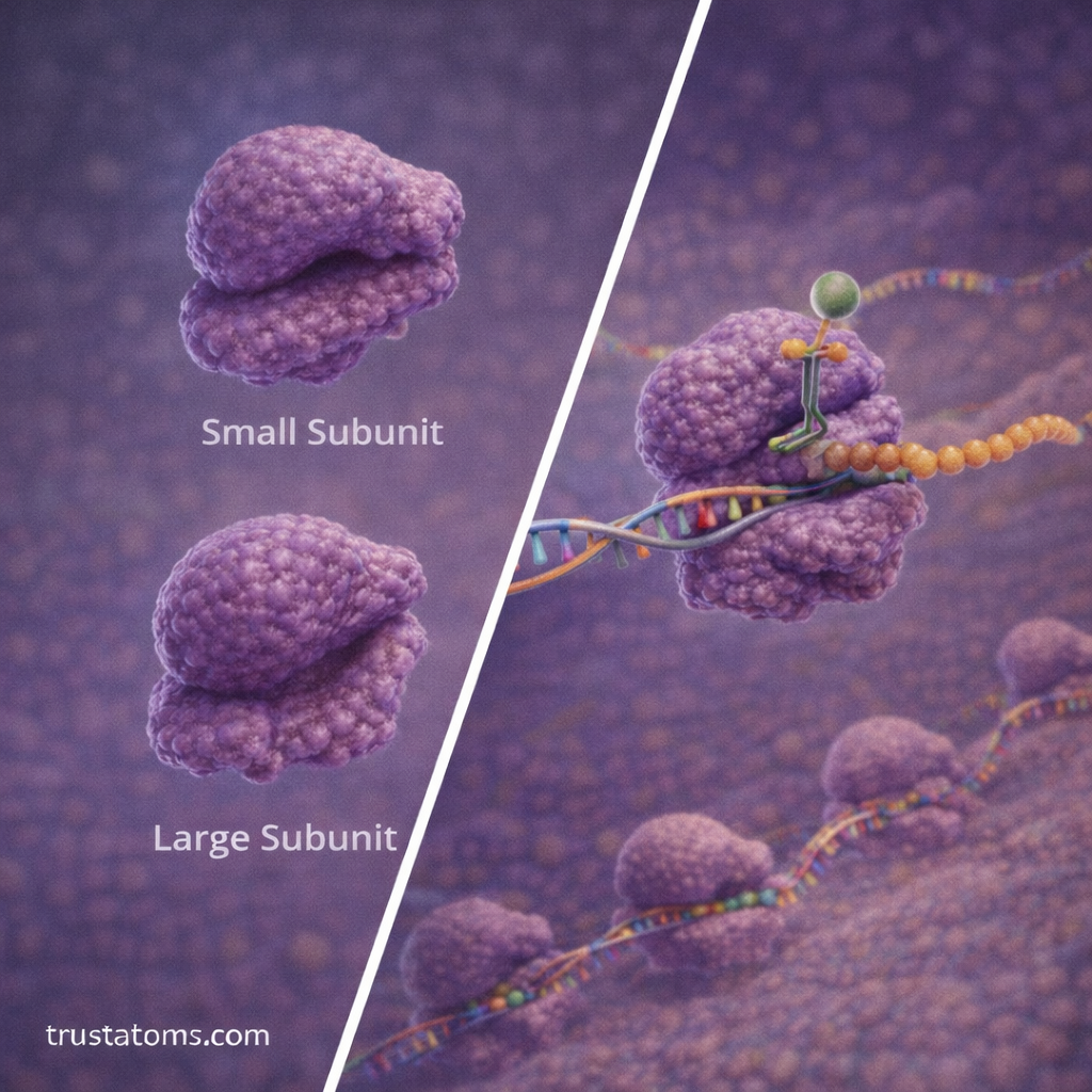 Diagram showing ribosome small and large subunits and multiple ribosomes translating a single mRNA strand.