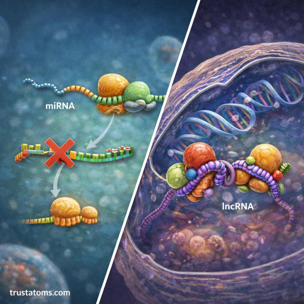 Split biology diagram showing microRNA blocking messenger RNA translation on one side and long non-coding RNA organizing regulatory proteins near DNA in the cell nucleus.