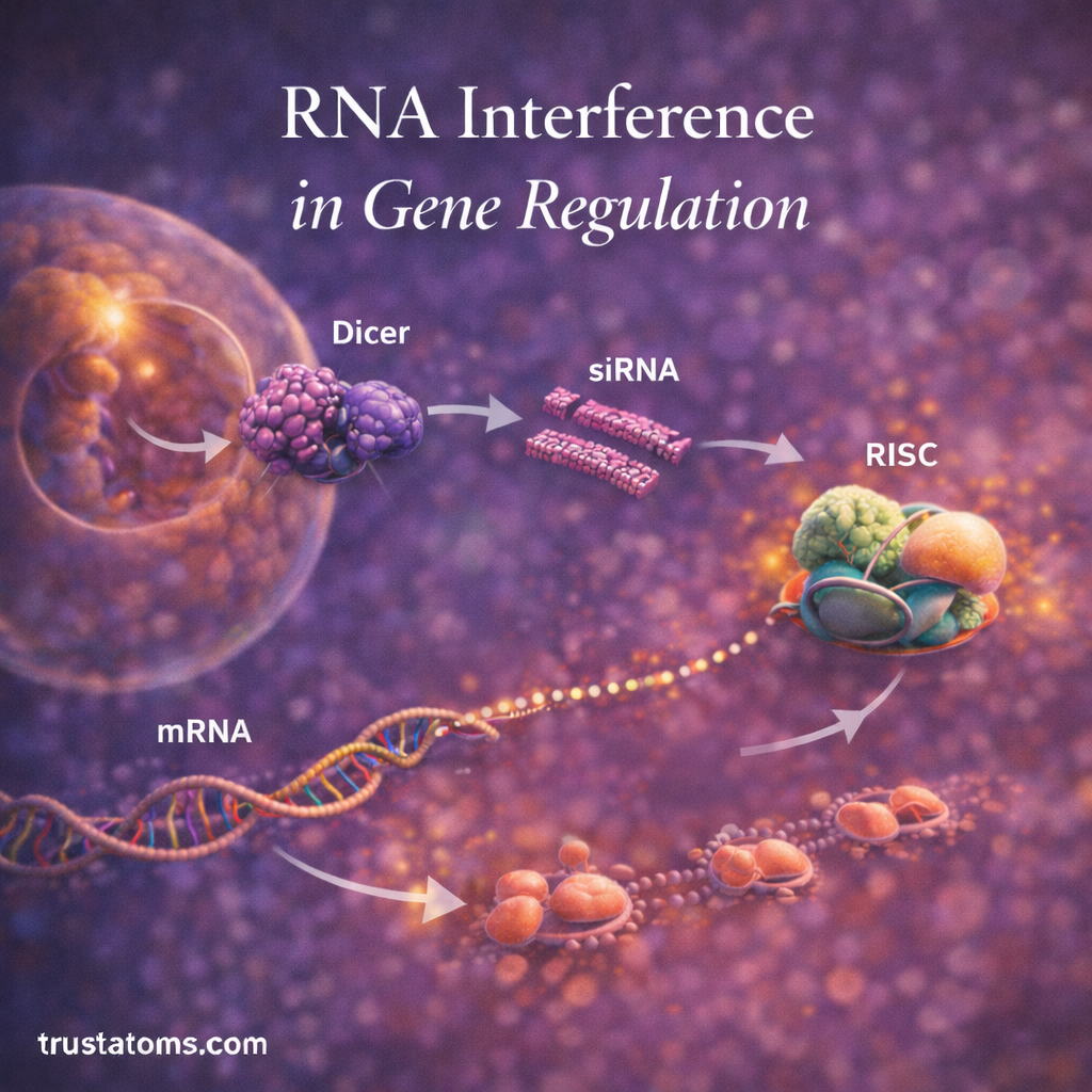 Illustration showing the RNA interference pathway where Dicer processes double-stranded RNA into siRNA and the RISC complex binds messenger RNA to silence gene expression.