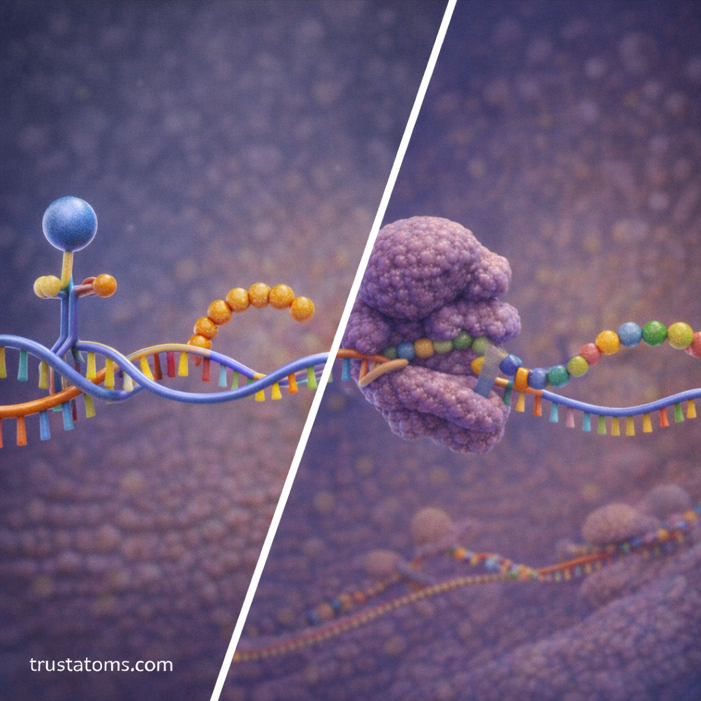 Diagram showing RNA processing steps including 5 prime capping, RNA splicing, and poly A tail addition.