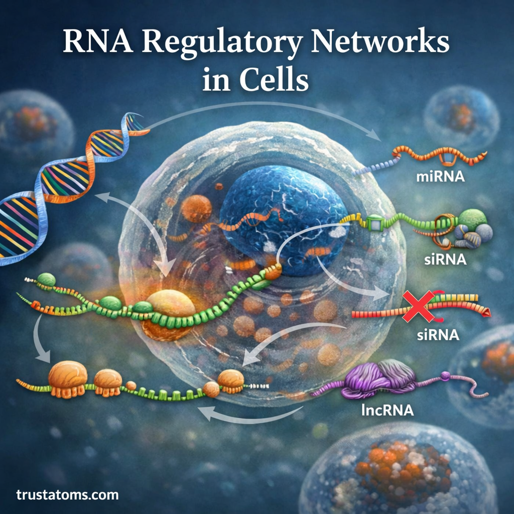 Illustrated biology diagram showing RNA regulatory networks in a cell with DNA, mRNA, miRNA, siRNA, and lncRNA interactions controlling gene expression.