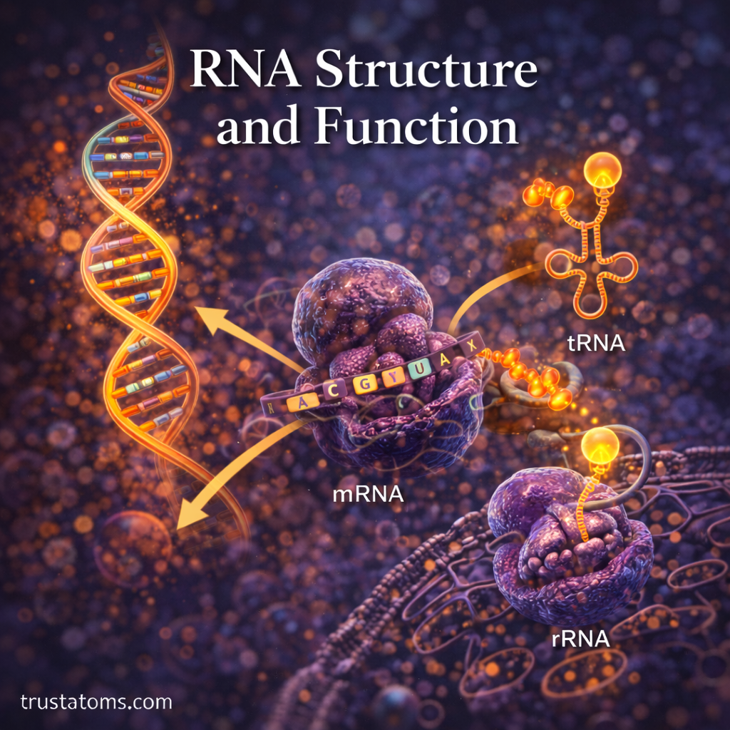 Illustration showing RNA molecules including mRNA, tRNA, and rRNA involved in protein synthesis inside a cell.