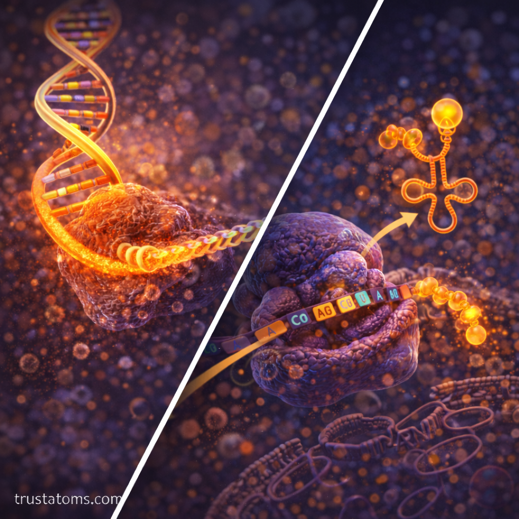 Split diagram showing RNA transcription from DNA on one side and translation of mRNA into a protein chain by a ribosome on the other.