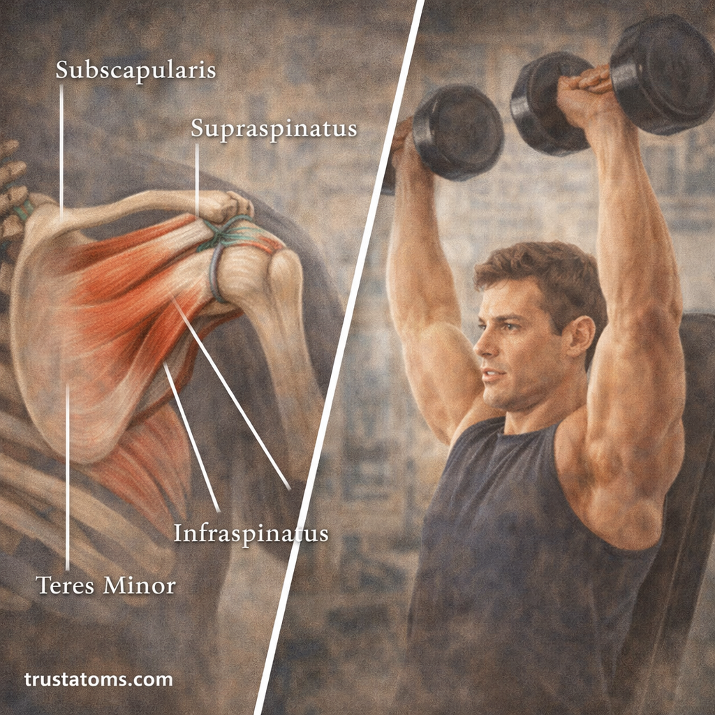 Split illustration showing rotator cuff muscles and shoulder mechanics during an overhead dumbbell press.
