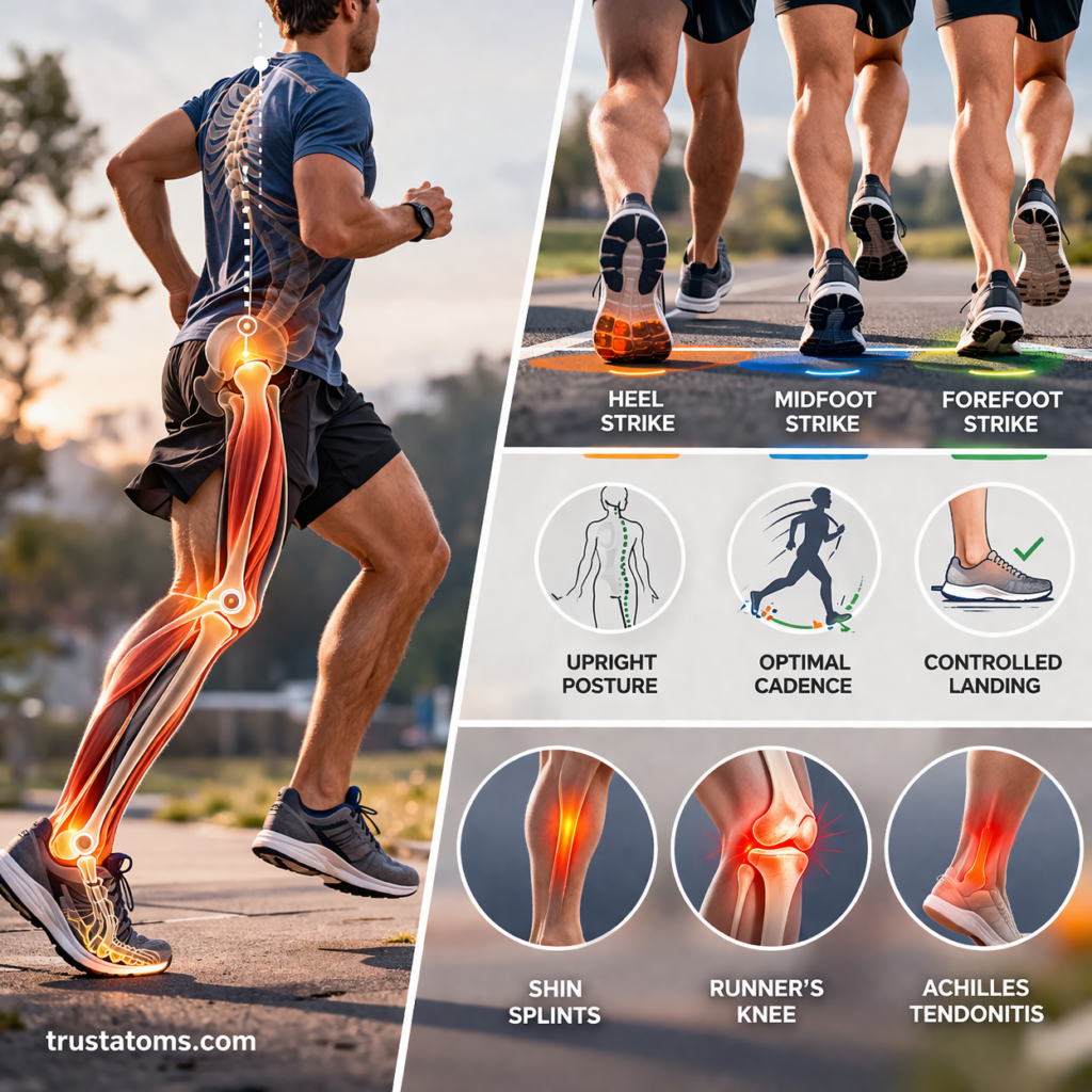 Split diagram showing runner posture, foot strike patterns, and muscle impact during running.