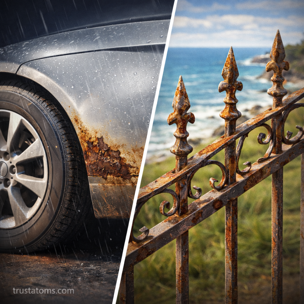 Split illustration showing rust forming on a car wheel well exposed to rain and corrosion on an iron fence near a coastal environment.
