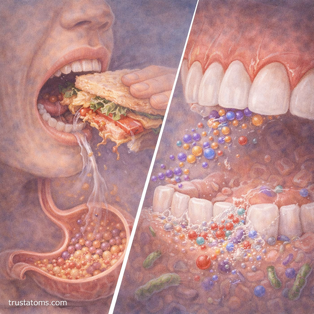 Split illustration showing saliva aiding digestion on one side and protecting teeth and gums on the other.