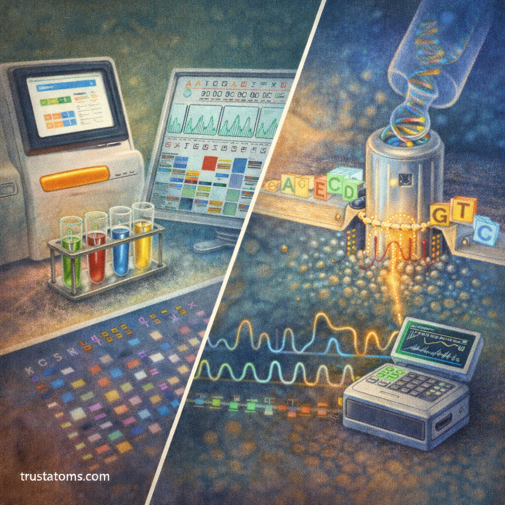 Split illustration comparing Sanger DNA sequencing with chromatogram readouts on one side and nanopore DNA sequencing with a DNA strand passing through a nanopore sensor on the other.