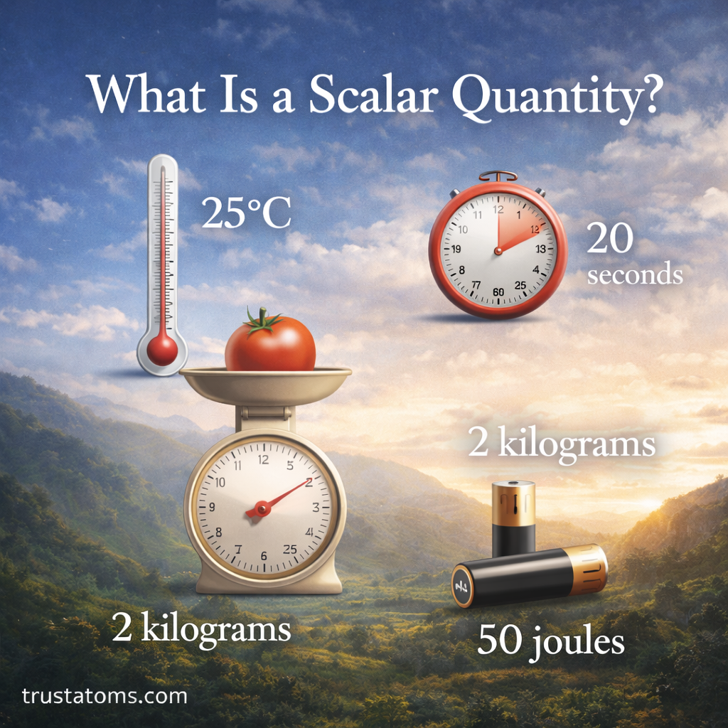 Educational illustration showing examples of scalar quantities such as temperature, time, mass, and energy.