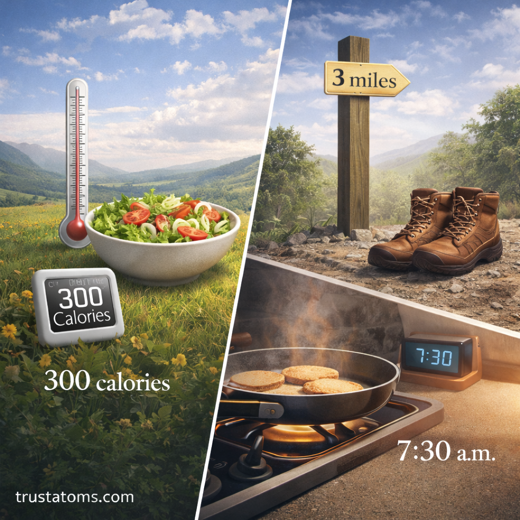 Split illustration showing everyday scalar quantities such as calories in food, temperature, distance on a trail sign, and time on a kitchen clock.