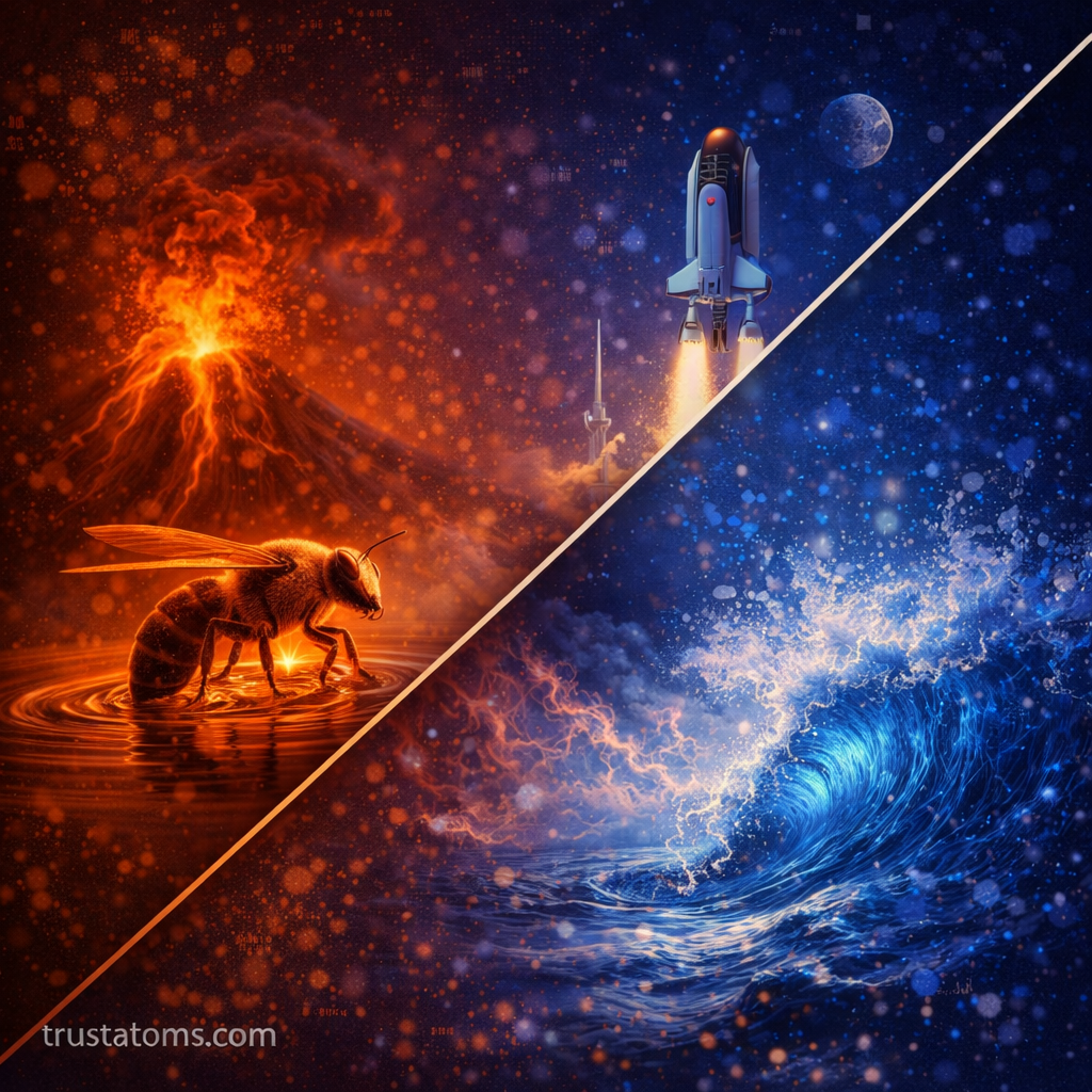 Diagonal split illustration showing a small insect on water with volcanic forces on one side and a rocket launch with ocean waves on the other, representing scaling effects in physical systems.