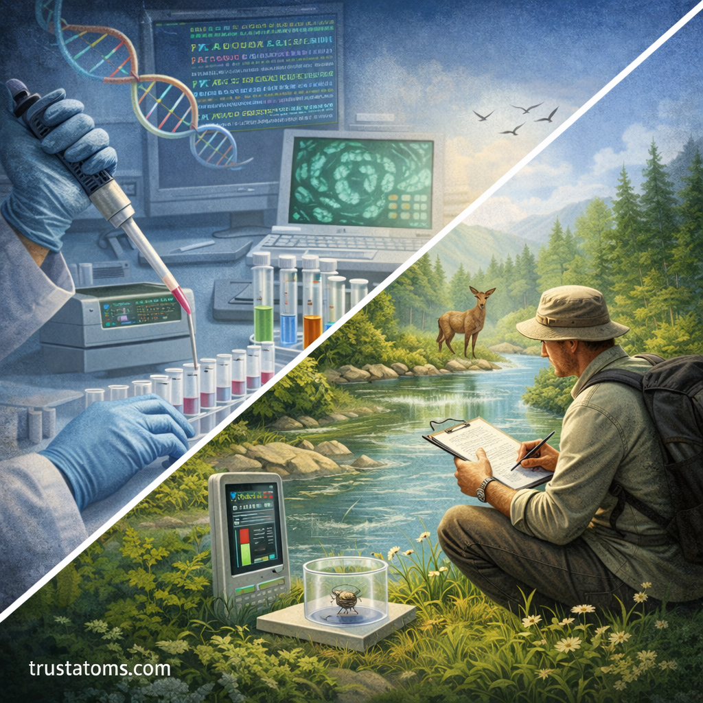 Split illustration showing biological research methods with laboratory experiments on one side and ecological field observation on the other.
