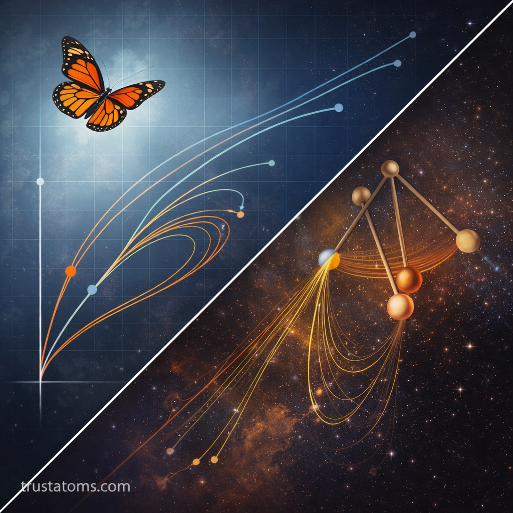 Split illustration showing sensitivity to initial conditions with diverging trajectories on one side and chaotic double pendulum motion on the other.