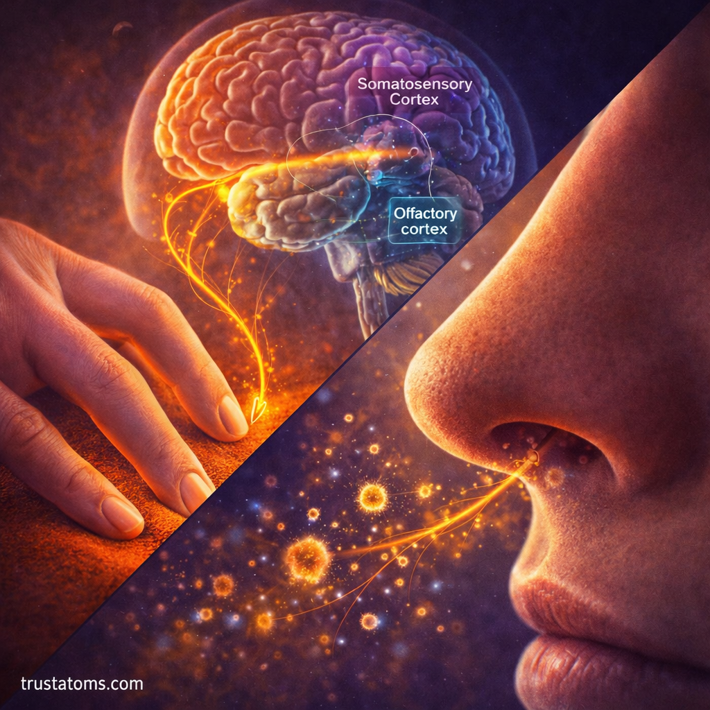 Split educational illustration showing touch signals traveling from a finger to the somatosensory cortex and smell signals traveling from the nose to the olfactory cortex.