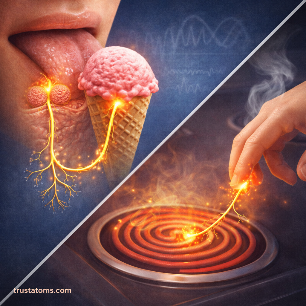 Split educational illustration showing sensory neurons detecting taste from ice cream and heat from a hot stove, demonstrating how the nervous system senses different stimuli.