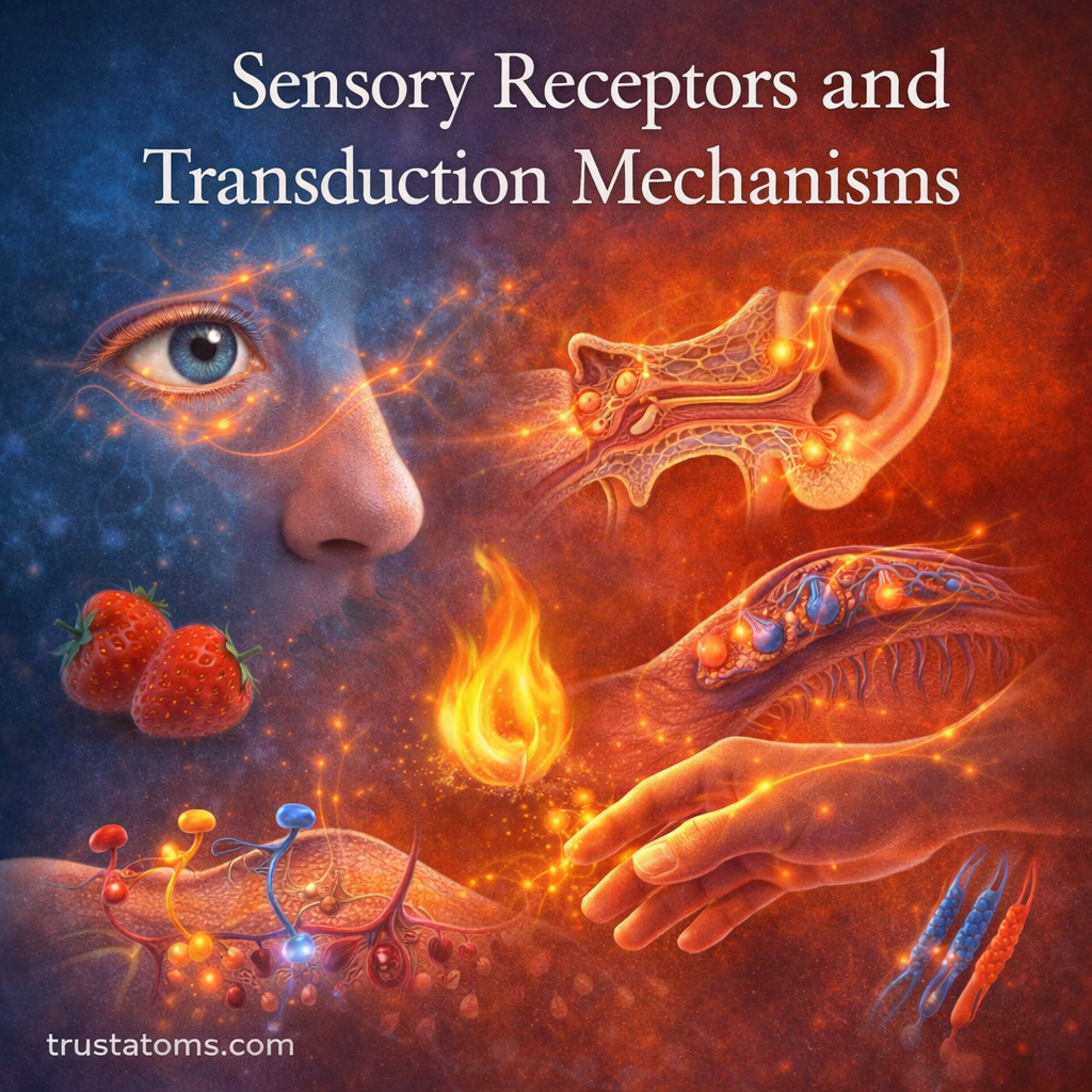 Illustration showing human sensory receptors detecting stimuli such as light, sound, touch, heat, and smell and converting them into neural signals.